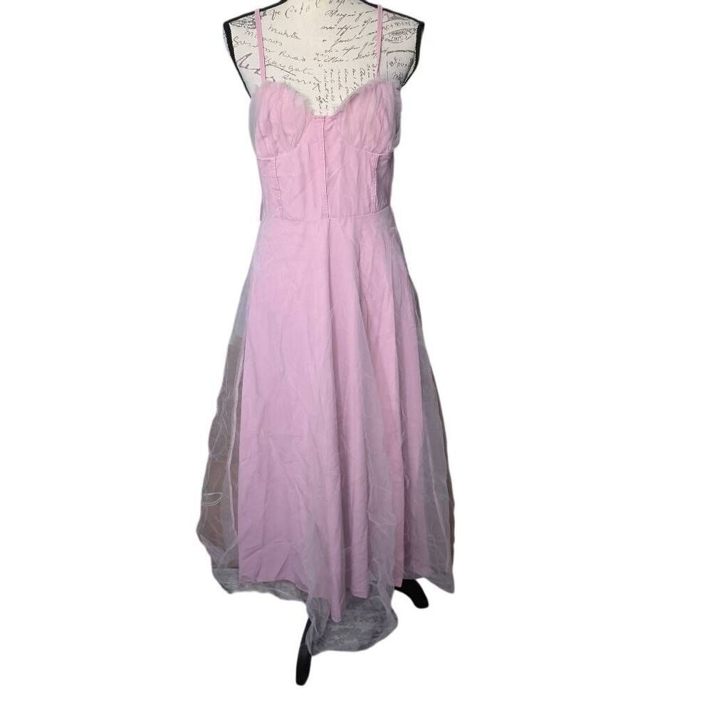 Women's Size Medium Pink Tulle Cross Back Strap Corset Maxi Dress